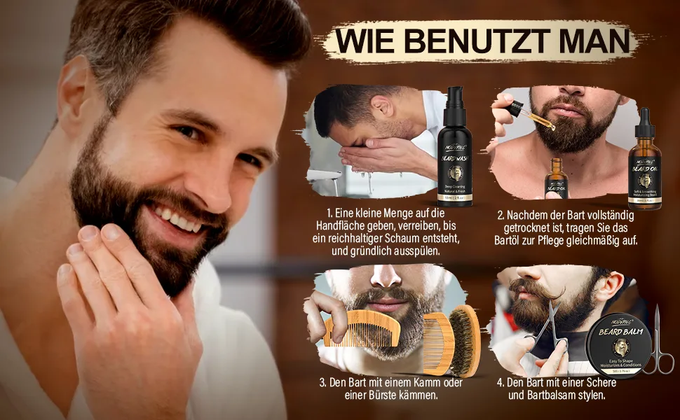 POP Modern.c Bartwuchs-Set Bart Care Set 6-Part Bartwaschshampoo Bart l Bartbalam Bartkamm brush scissors best gift for men for Valentine's Day Christmas Father's Day birthdays - Beard Growth Serum