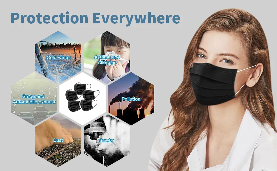 50PCS Black Disposable Elastic Earloop Face Mouth Mask 3-Layer Dustproof Facial Mouth MaskMasks Protection - protect