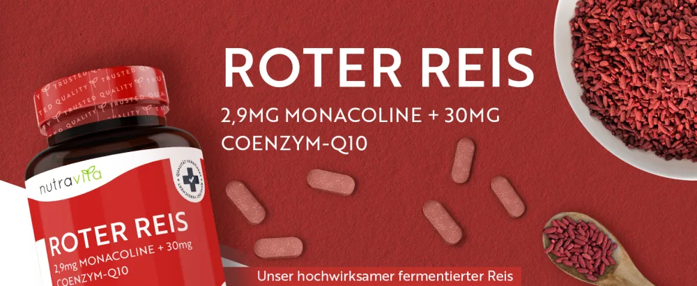 Fermented red rice 617mg - 180 vegan tablets - Select cholesterol - high dose with 2.9 mg monacolin K and 30 mg COQ10 per tablet - laboratory test - Red rice capsules Alternative - Nutravita - Fermentierter Roter Reis 600mg