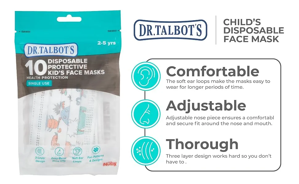 Dr. Talbot's Disposable Kid's Face Mask for Personal Health Boy 2-5 Years Prints May Vary 10 Count - child, disposable, mask, face mask, ppe, fun, mask, filter, boy, children, child, easy