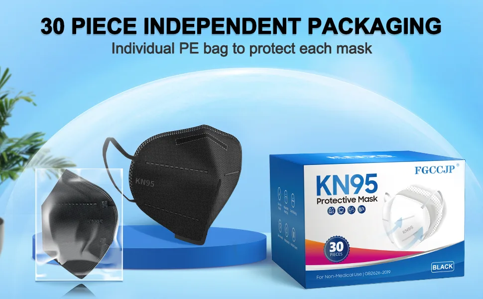 FGCCJP KN95 Face Mask 30pcs Disposable Face Masks Individual Packed Safety 5 Layers Breathable Cup Dust Masks Filtration>95% for Adults Men Women(Black) - KN95