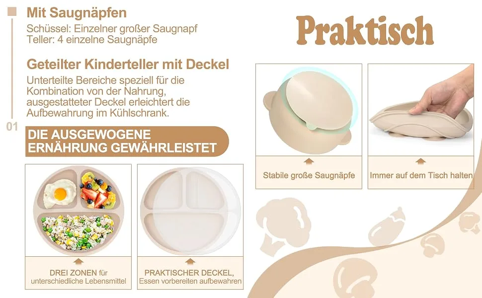 MOJINL Silicone Baby Tableware Set Non-Slip Children's Tableware Set with Suction Cup 7 Pieces BPA Free Learning Cutlery Sets with Spoon Fork Bowl Bib Cup Drinking Cup and Plate with Lid Beige - Geteilter Kinderteller mit Deckel und Saugnäpfen, Schüssel mit Saugnäpfen