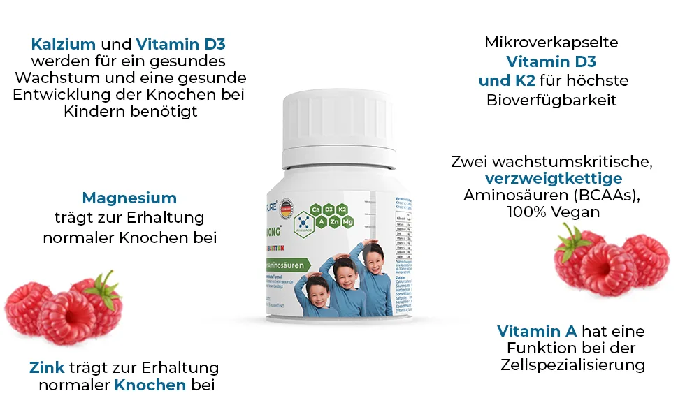 Vitropure Osseolong chewing tablets: unique combination: branched chain amino acids (BCAAs) calcium vitamin D3 zinc and magnesium for bone development. - bottom osseolong