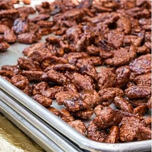NuTrail - Keto Glazed Nuts Snack - Delicious Healthy Nut Mix - Only 1 Net Carb Per Serving - Keto Snacks & Low Carb Food (10 oz) (Glazed Pecans) - keto glazed pecans on baking sheet