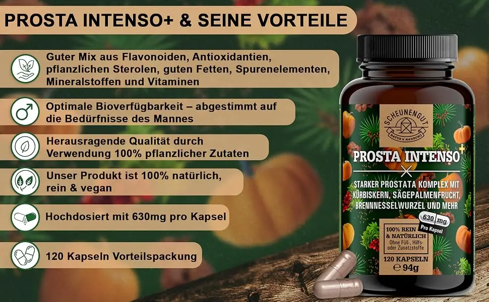 Prosta intensive+ prostate capsules+ important: laboratory tester complex with pygeum africanum saw palm fruit pumpkin seeds nettle root pine bark & more i de i Scheunengut  - pumpkin seed oil prostata kapseln hochdosiert saw palmetto kapseln sägepalme sägepalmenextrakt