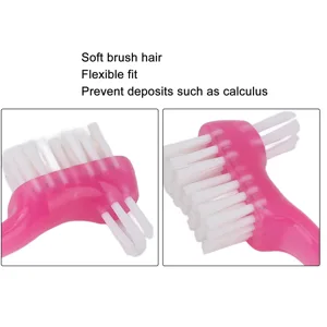 Press brush cleaning brush for false teeth plaque dirt removal prosthesis brush for older people travel cleaning prosthesis holder - double -sided bristle head (pink) - Prothesenbürste
