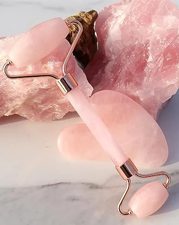 GUGUG Rose Quartz Stone Gua Sha Set Natural Jade Roller for Facial Massage Face Roller for Eye Puffiness Skin Tightening - jade roller