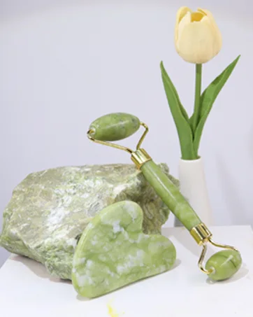 GUGUG Gua Sha Stone and Face Jade Roller Set for Facial Massage - Reduces Eye Puffiness and Skincare Routine-Green - jade roller