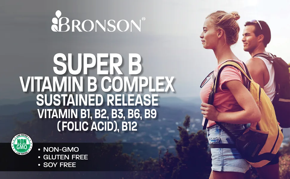 Bronson Super B Vitamin B Complex Sustained Slow Release (Vitamin B1 B2 B3 B6 B9 - Folic Acid B12) Contains All B Vitamins 100 Tablets - super B vitamin b complex sustained release