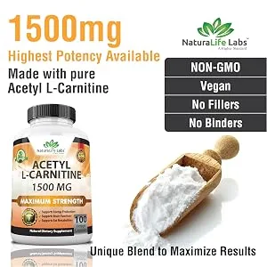 Acetyl L-Carnitine 1500 mg High Potency Supports Natural Energy Production Supports Memory/Focus - 100 Veggie Capsules - Acetyl potency