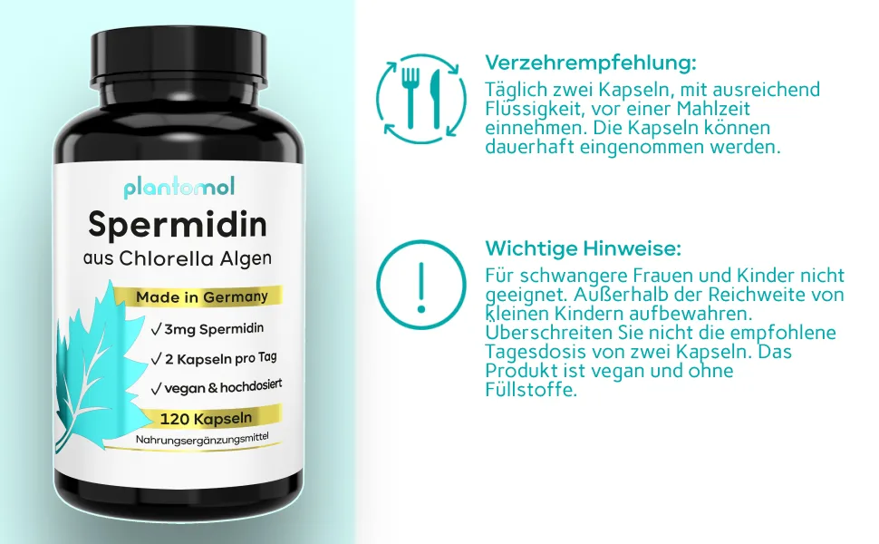 120 Spermidine capsules high -dosed from chlorella algae extract - high natural chlorophyll content + 3mg spermidine - high bioavailability - free of wheat germ extract and gluten - Chlorella Algen Extrakt Kapseln mit hohen Spermidin Gehalt als veganer Spermidin-Komplex hochdosiert