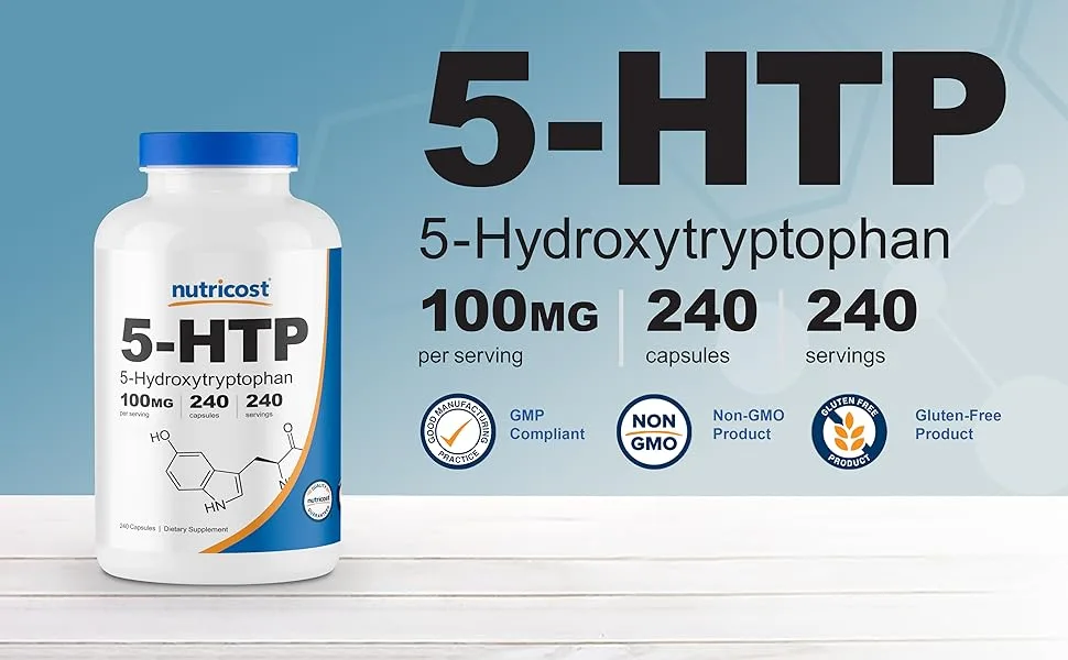 Nutricost 5-HTP 100mg 240 Capsules (5-Hydroxytryptophan) - Vegetarian Capsules Gluten Free Non-GMO - 5-htp capsules from Nutricost 100mg 240 capsules