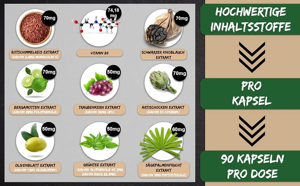 Cholesterol intenseo red rice capsules - important: laboratory tester brand complex with monacolin k black garlic bergamot artichoke and more I 90 pc -de- scheunengut  - rotes reismehl cholesterin kapseln colesterintabletten senker roter reis fermentiert red yeast rice