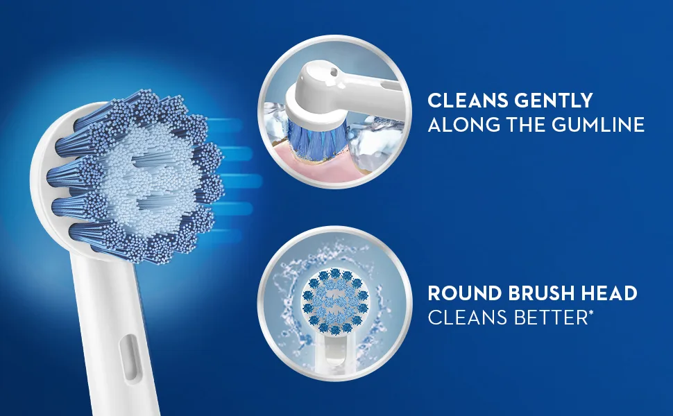 Oral-B Sensitive Replacement Electric Toothbrush Heads 5 Count Packaging may Vary - cleans gently along the gumline. round brush head cleans better by removing surface stains