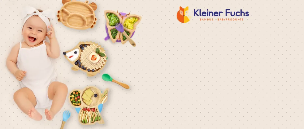 Small fox high -quality bamboo plate with suction cup slipproof with a matching baby spoon is fun dishes set with gift box - learning food with elephant design - Background Image