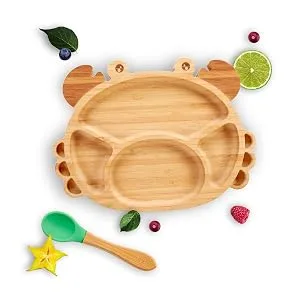 Small fox high -quality bamboo plate with suction cup slipproof with a matching baby spoon is fun dishes set with gift box - learning food with elephant design - bamboo plate crab