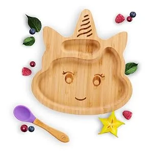 Small fox high -quality bamboo plate with suction cup slipproof with a matching baby spoon is fun dishes set with gift box - learning food with elephant design - bamboo plate unicorn