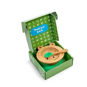 Small fox high -quality bamboo plate with suction cup slipproof with a matching baby spoon is fun dishes set with gift box - learning food with elephant design - frog bowl