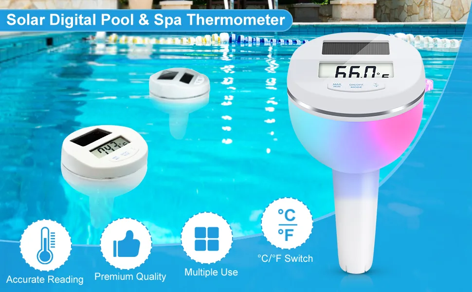 Deprblu floating pool thermometer solar digital pool thermometer with color changing light spa with screen back light water temperature for whirlpool - Schwimmendes Poolthermometer