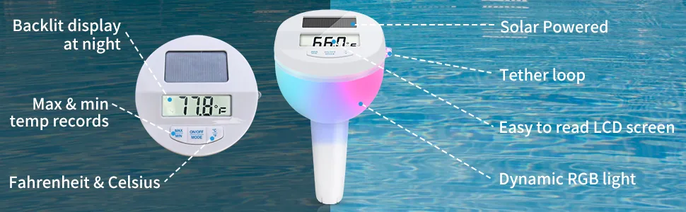 Deprblu floating pool thermometer solar digital pool thermometer with color changing light spa with screen back light water temperature for whirlpool - Solar Digitales Pool Thermometer