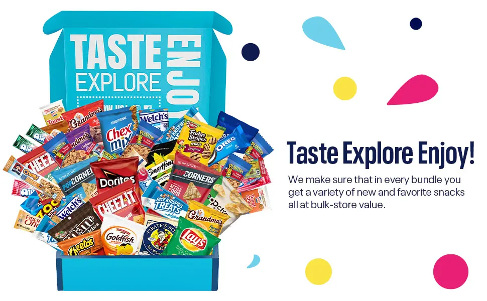 Chips Cookies Candy Crackers Care Package Bulk Sampler by Variety Fun (Care Package 50 Count) - Taste Explore Enjoy