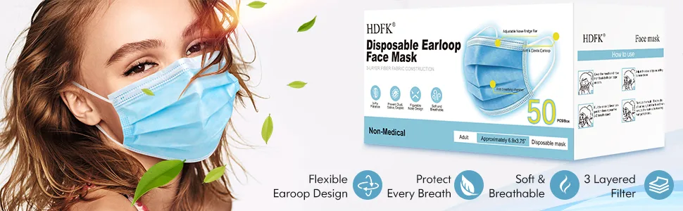 Face Mask Disposable Adults 3Ply Non-Woven with Nose Clip Ear Loop Blue 50Pack - face mask