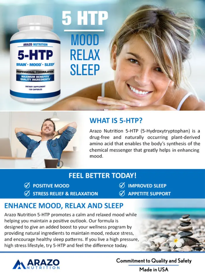 5-HTP 200mg Plus Calcium for Mood Sleep – Supports Calm and Relaxed Mood – 99% High Purity – 120 Capsules – Arazo Nutrition - 5-HTP