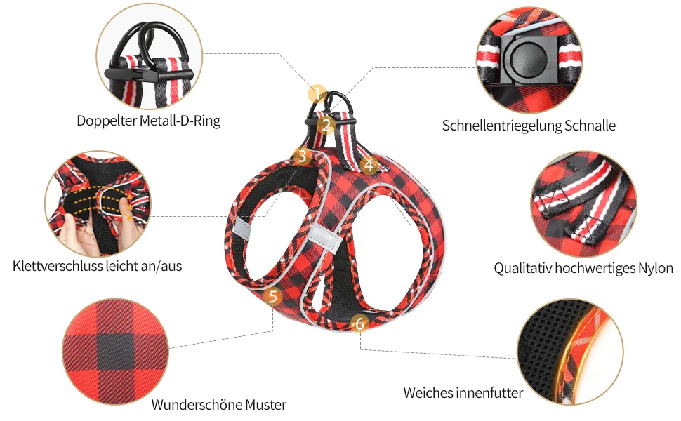 Heele dog harness adjustable anti train dishes reflective breathable dishes dogs light breast harness small dogs for walking training reflective plaid red m - product information 24