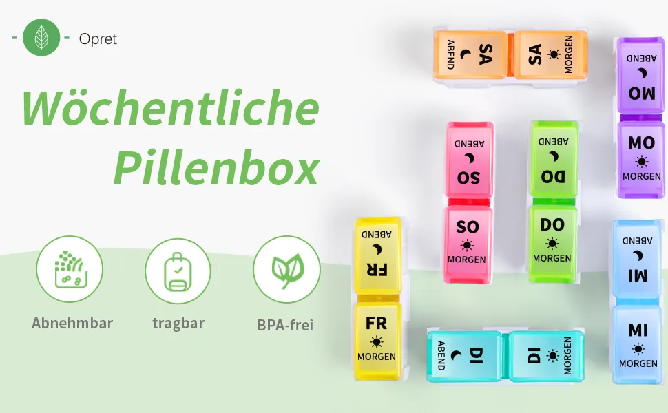 OPRET German tablet box 7 days 2 compartments in the evening removable pill box pill box medication box 7 days tablets weekly box tablet box 14 compartments - tablettenbox