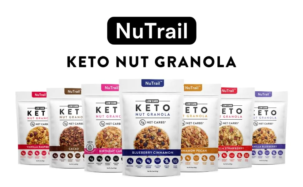 NuTrail - Keto Blueberry Nut Granola Healthy Breakfast Cereal - Low Carb Snacks & Food - 3g Net Carbs - Almonds Pecans Coconut and more (11 oz) (1 Count) - NuTrail Keto Nut Granola