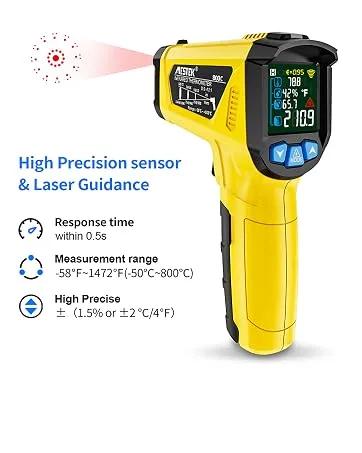 Infrared thermometer Laser Mestek Temperature measuring device with K -probe IR Pyrometer -50 C to 800 C Touch Color LCD alarm function Settable emission degree for kitchen - MESTEK