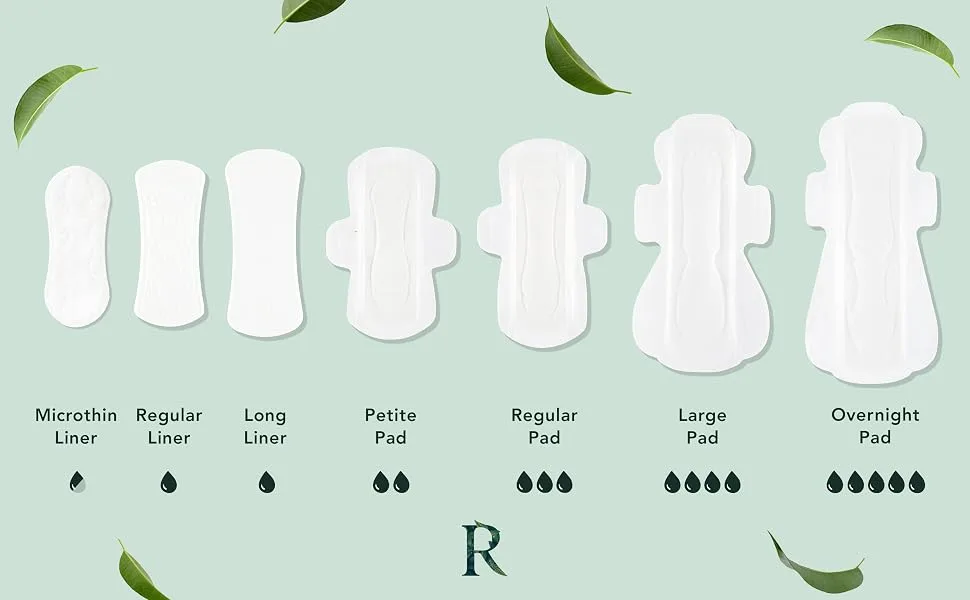 Rael Organic Cotton Cover Pads - Heavy Absorbency Unscented Ultra Thin Pads for Women Postpartum (Extra Long Overnight 12 Count) - Pad/Liner Size Chart