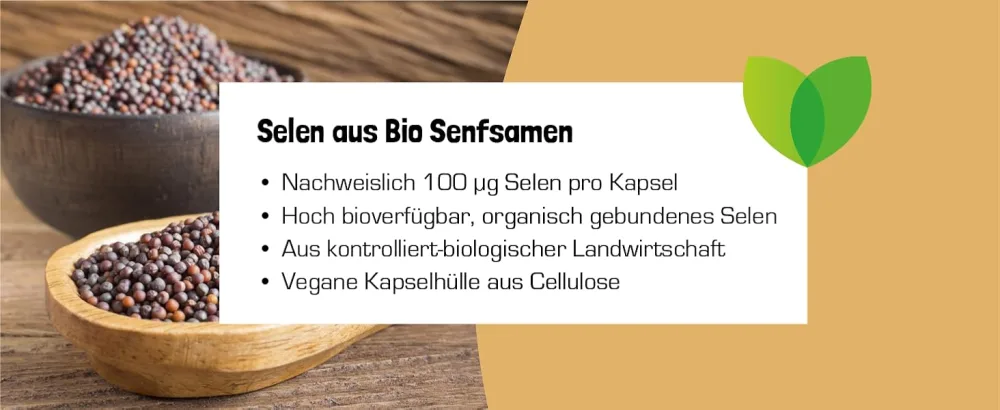 Organic selenium capsules from mustard seeds |In the glass |Selenium 100 g per capsule |3-month supply |Organic selenium |Only 1 capsule daily |Selenium organic |Selenium high dosed - Natürliches Selen