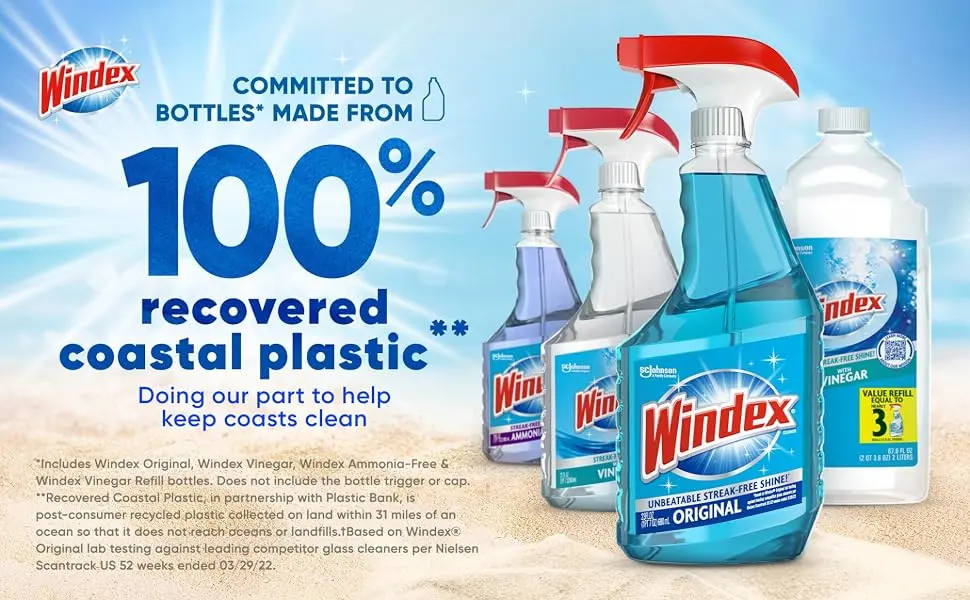 Windex Glass and Window Cleaner Spray Bottle, Bottle Made from 100% Recovered Coastal Plastic, Original Blue, 23 fl oz 23 Fl Oz Spray - 100% recovered coastal plastic