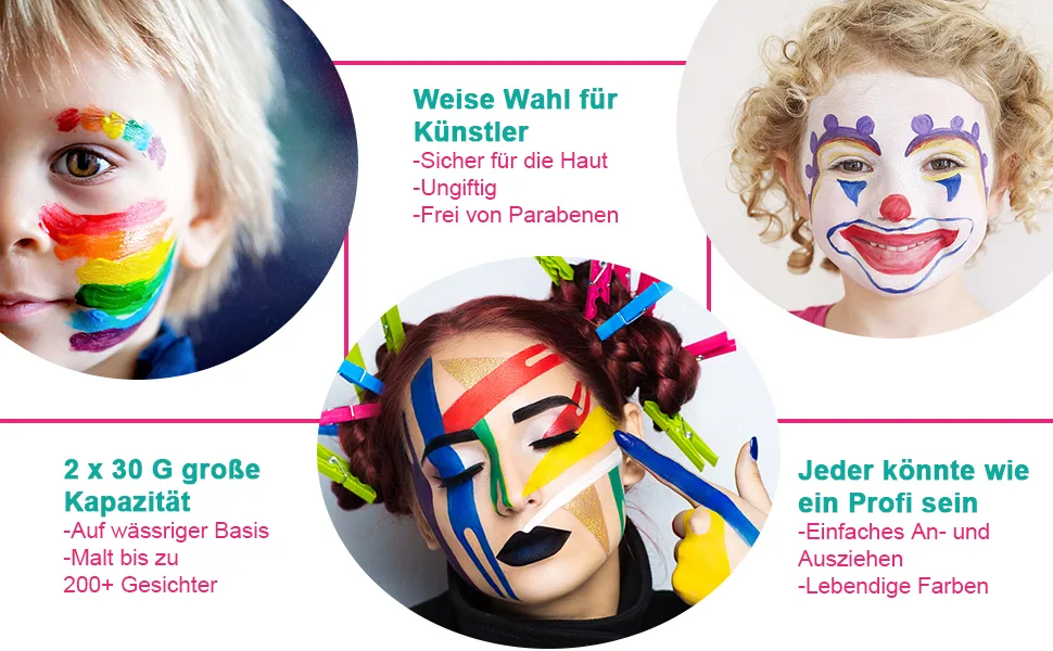 Professional make-up Mardi Gras Set Water Current 30g x 2 Colors Larger make-up colors carnival make for Halloween carnival or cladding party white + pink - Schminke Fasching