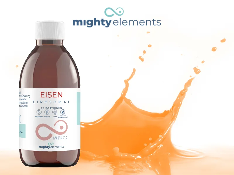 Mighty Elements Liposomal iron 15mg 100ml liquid glass bottle 25 portions vegan orange taste higher bioavailability high dose - eisen saft