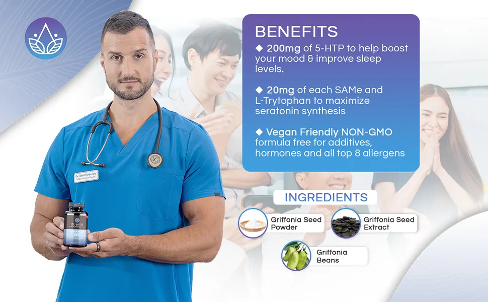 DR. EMIL NUTRITION 200 MG 5-HTP Plus with SAM-e to Maintain Normal Healthy Sleep and Create a Sense of Wellbeing - 5HTP Supplement with Vitamin B6-60 Vegan Capsules 30 Servings - Dr. Emil