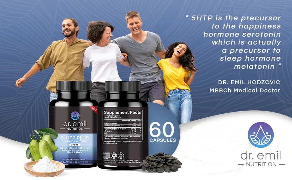 DR. EMIL NUTRITION 200 MG 5-HTP Plus with SAM-e to Maintain Normal Healthy Sleep and Create a Sense of Wellbeing - 5HTP Supplement with Vitamin B6-60 Vegan Capsules 30 Servings - Dr. Emil