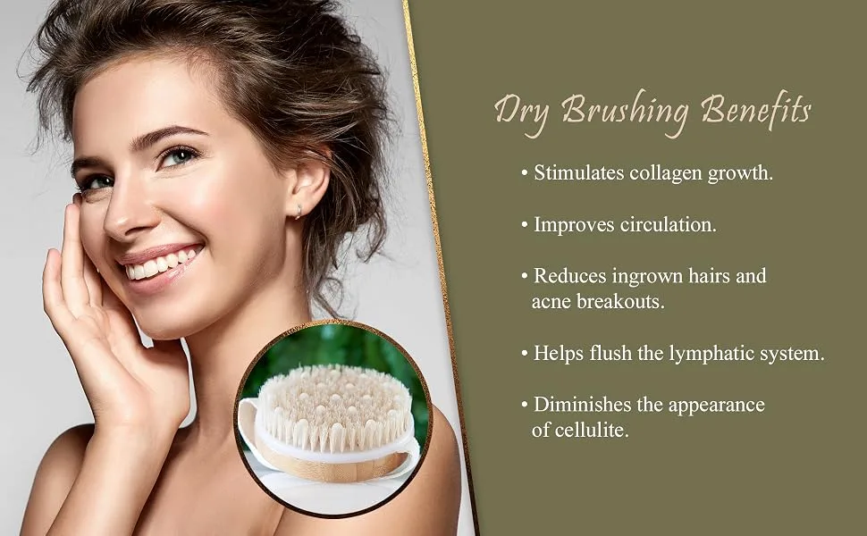 CSM Body Brush For Beautiful Skin - Solid Wood Frame & Boar Hair Exfoliating Brush To Exfoliate & Soften Skin Improve Circulation Stop Ingrown Hairs Reduce Acne and Cellulite - model and brush pictured describing the benefits that come from dry brushing