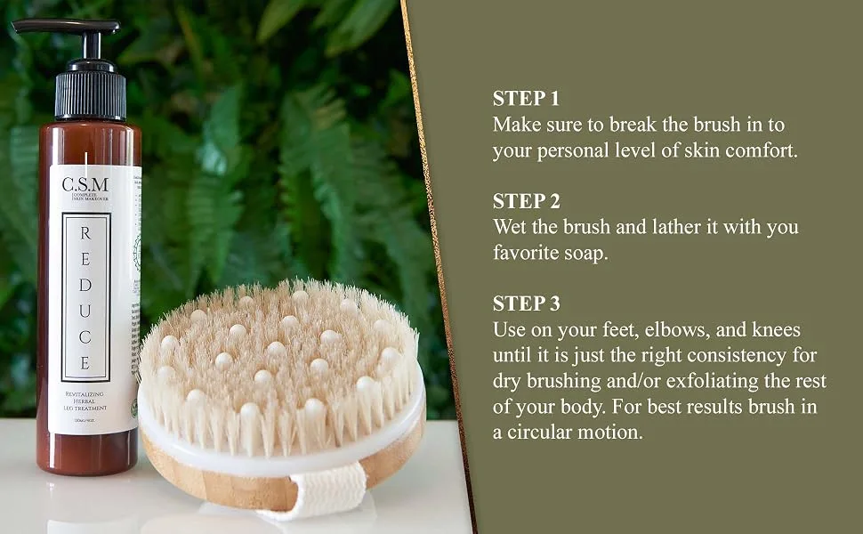 CSM Body Brush For Beautiful Skin - Solid Wood Frame & Boar Hair Exfoliating Brush To Exfoliate & Soften Skin Improve Circulation Stop Ingrown Hairs Reduce Acne and Cellulite - step by step new