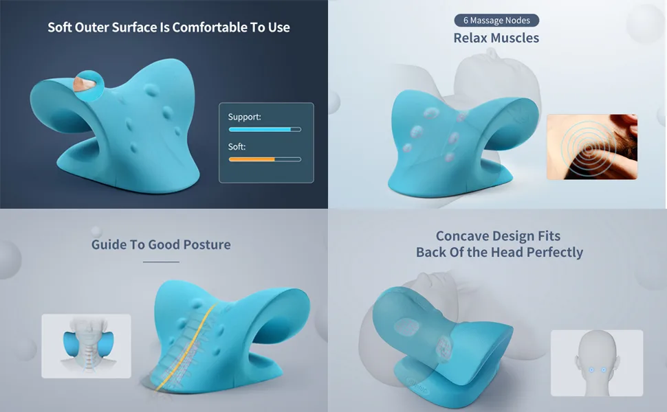 Neck and Shoulder Relaxer Cervical Traction Device for TMJ Pain Relief and Cervical Spine Alignment Chiropractic Pillow Neck Stretcher(Blue) - Spine Alignment Chiropractic Pillow