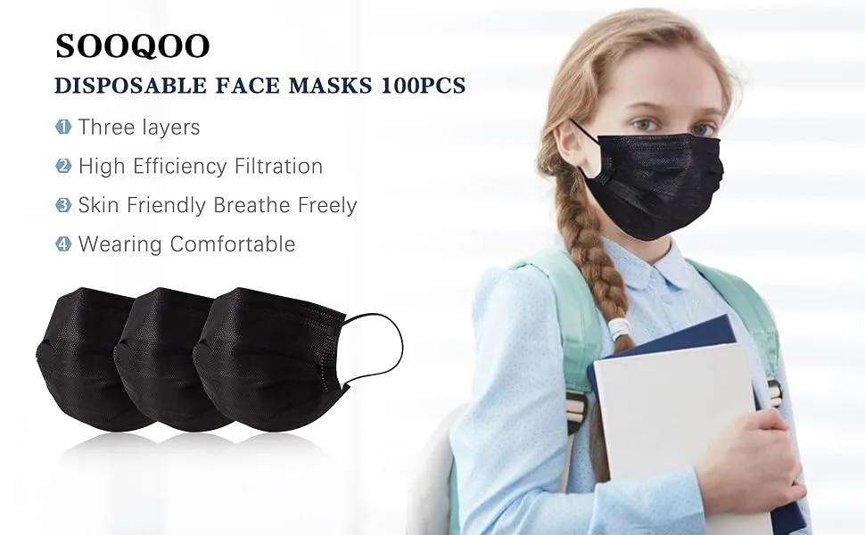 100 Pack Disposable Face Masks with Elastic Ear LoopBreathability Comfort-Black - black face masks