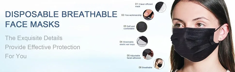 100 Pack Disposable Face Masks with Elastic Ear LoopBreathability Comfort-Black - disposable masks for audlt