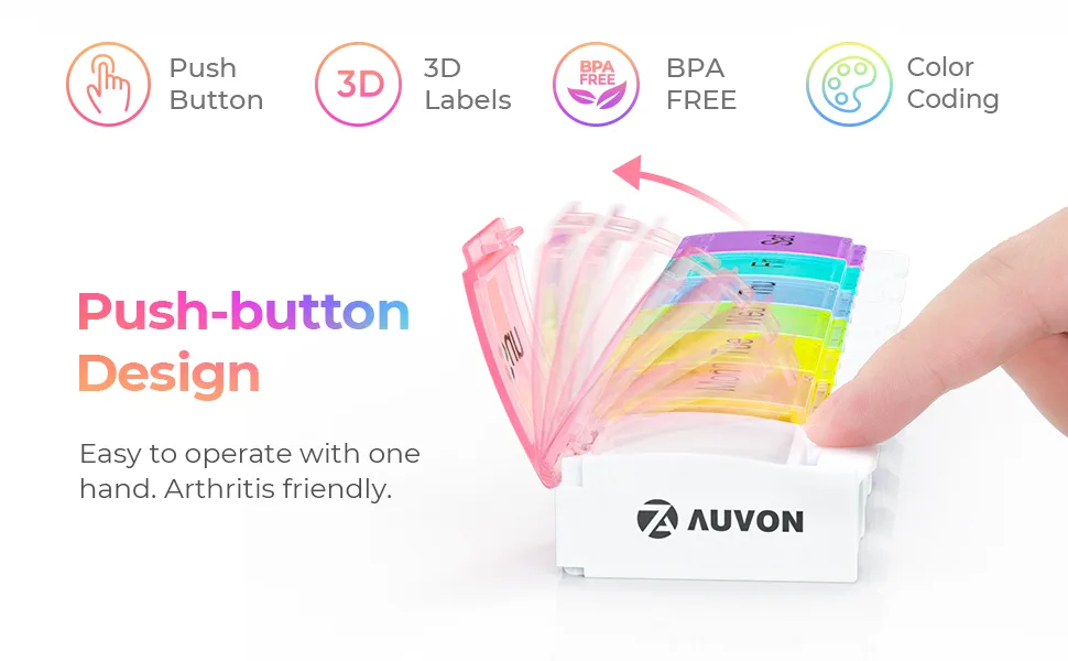 AUVON Weekly Pill Organizer Arthritis Friendly, BPA Free Travel 7 Day Pill Box Case with Spring Open Design and Large Compartment to Hold Vitamins, Cod Liver Oil, Supplements and Medication Cream White - 7 day pill box