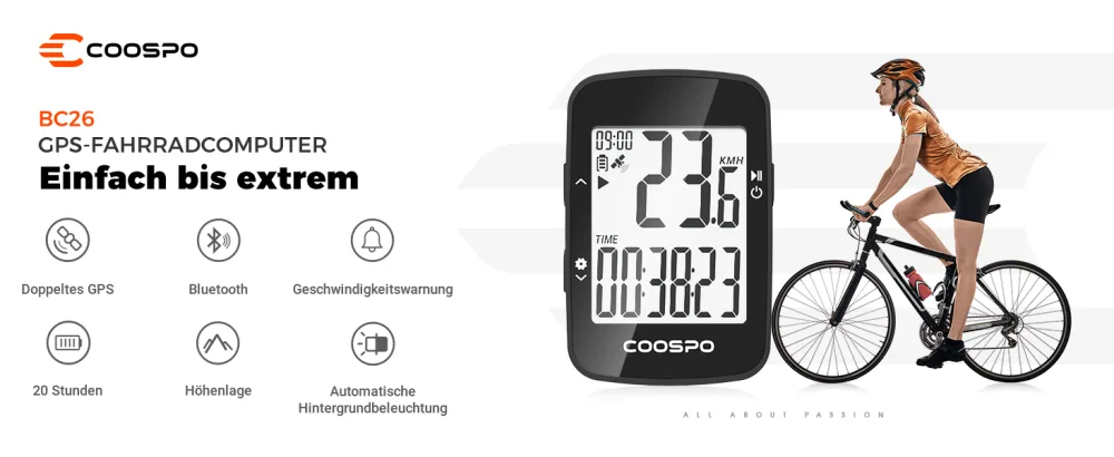 COOSPO BC26 GPS bicycle computer wirelessly Bluetooth5.0/ Ant+ IP67 Waterproof bicycle mileage wireless bicycle tacho wheel computer 2.3 inch LCD with automatic backlight - Fahrradcomputers GPS