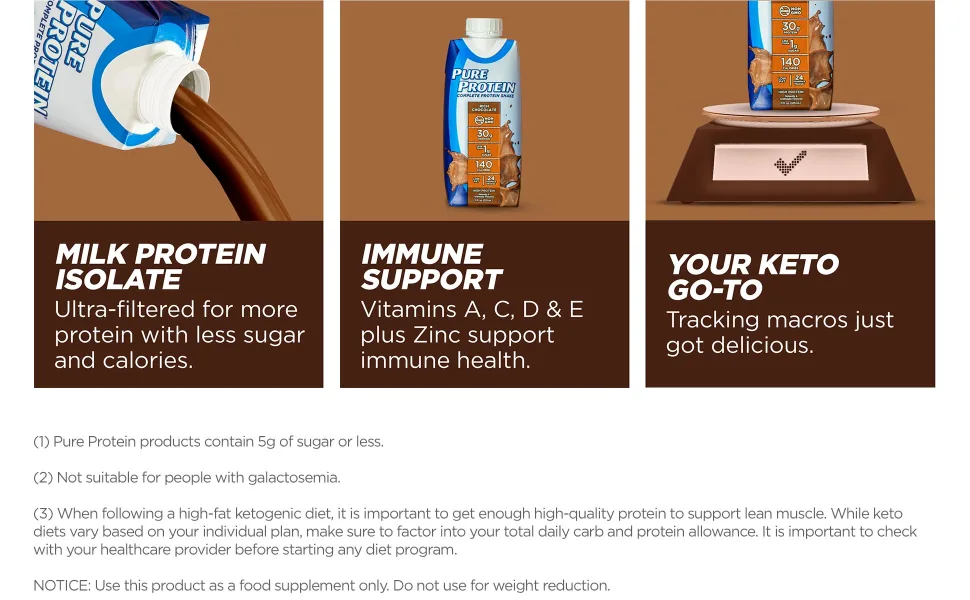 Pure Protein Chocolate Protein Shake  30g Complete Protein  Ready to Drink and Keto-Friendly  Vitamins A C D and E plus Zinc to Support Immune Health  11oz Bottles  4 Pack - image