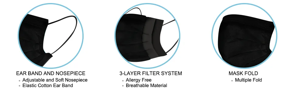Biwisy 50pcs 3-Ply Disposable Face Mask Breathable Black Masks of 50 PCS Black - black