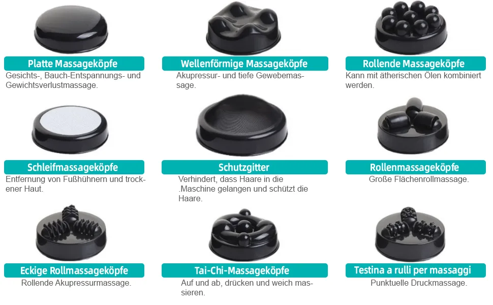 Electrical anti-cellulite massager 7-in-1 with 7 interchangeable heads portable and versatile invigorating and streamlining against cellulite and fat on buttocks and legs - product information 7