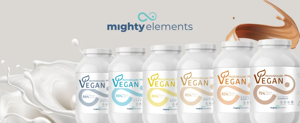 Mighty elements veganes protein vanilla 1kg - 85% vegetable protein 5k protein powder protein powder without gluten lactose & milk protein protein shake muscle structure - proteinpulver banner