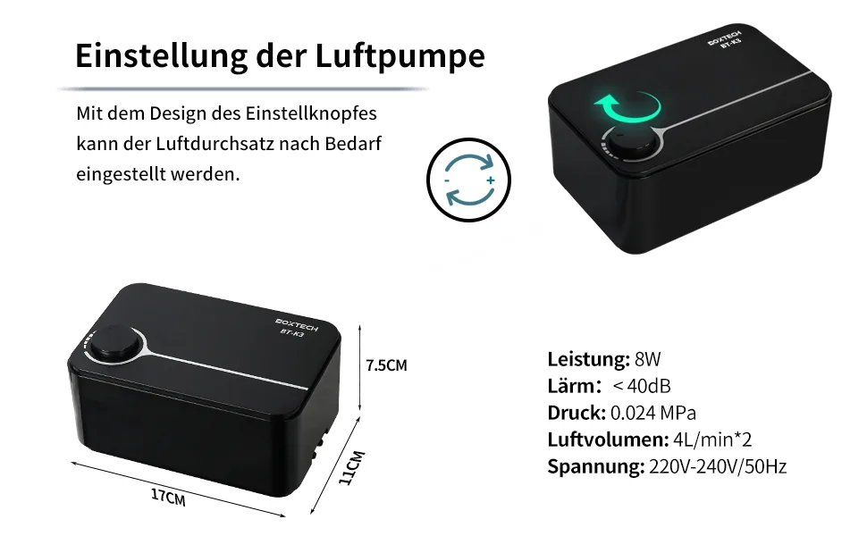 Boxtech aquarium air pump adjustable oxygen pump 2 air outlets.quiet low in vibration and sufficient oxygen air pump for aquariums black 8 watts - K3????